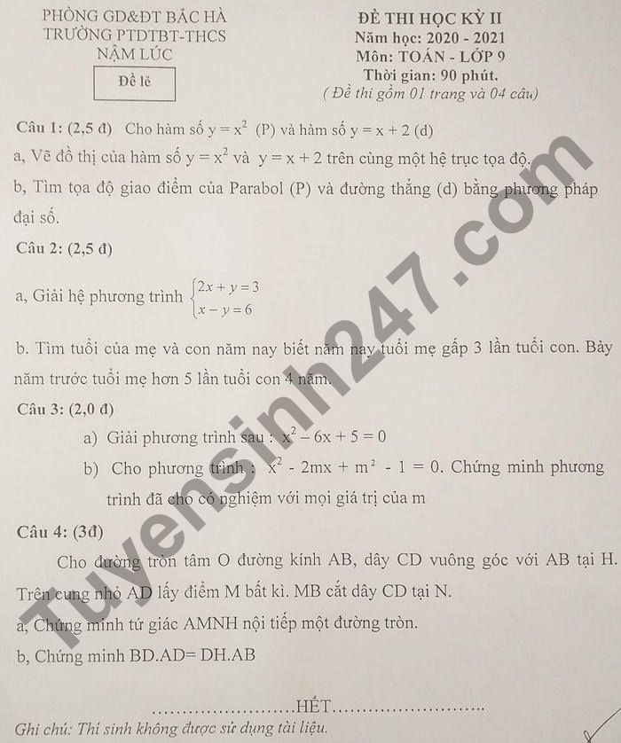 Đề thi kì 2 lớp 9 môn Toán 2021 - PTDTBT-THCS Nậm Lúc