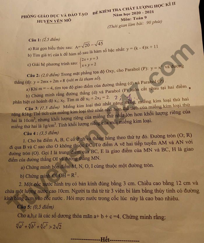 Đề thi kì 2 năm 2021 Huyện Yên Mô lớp 9 môn Toán