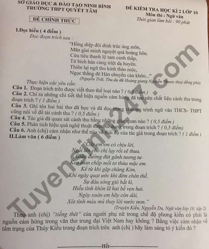 Đề thi kì 2 năm 2021 THPT Quyết Tâm môn Văn lớp 10