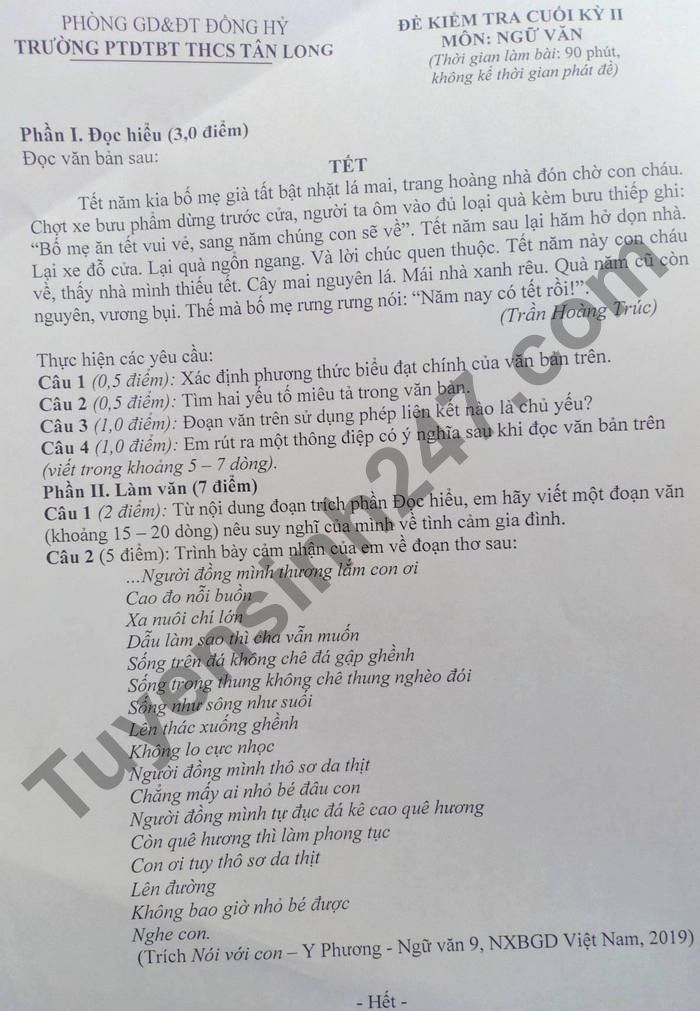 Đề thi cuối kì 2 lớp 9 môn Văn 2021 - PTDTBT THCS Tân Long