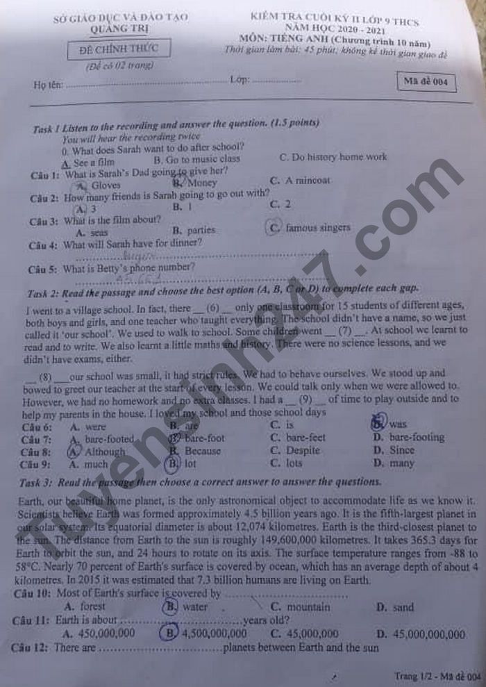 Đề thi học kì 2 năm 2021 tỉnh Quảng Trị môn Anh lớp 9 - Có đáp án