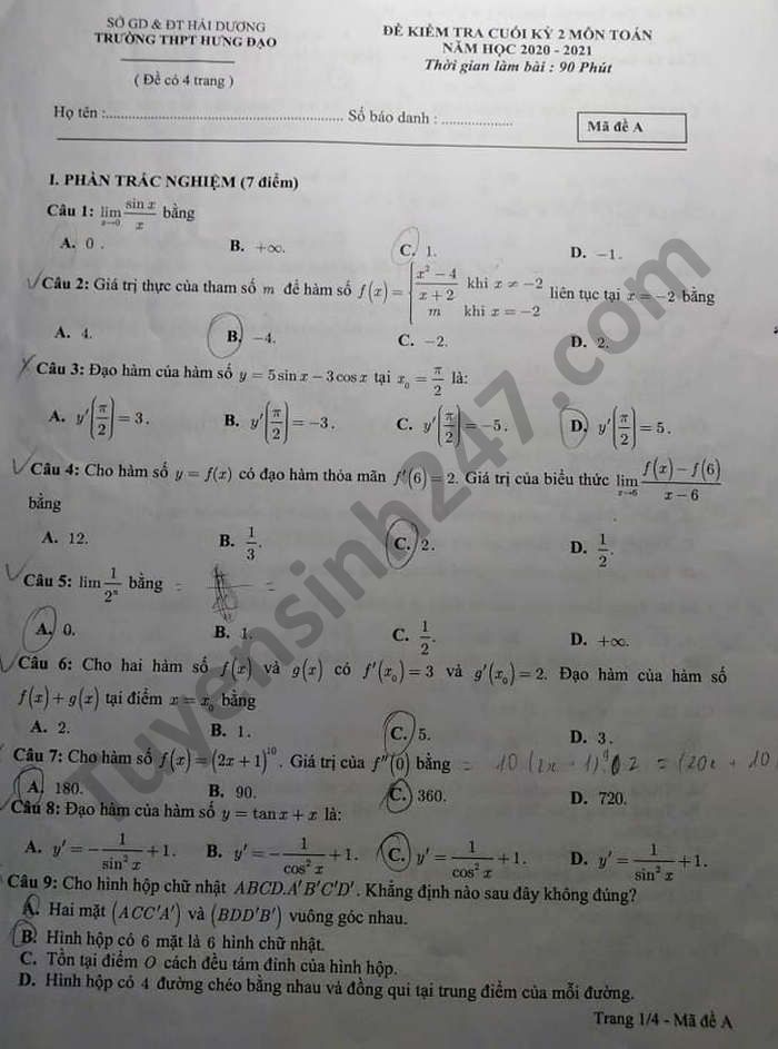 Đề thi học kì 2 năm 2021 THPT Hưng Đạo môn Toán lớp 11 