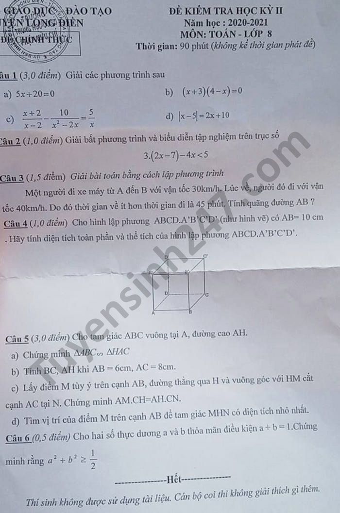 Đề thi học kì 2 môn Toán lớp 8 huyện Long Điền năm 2021 