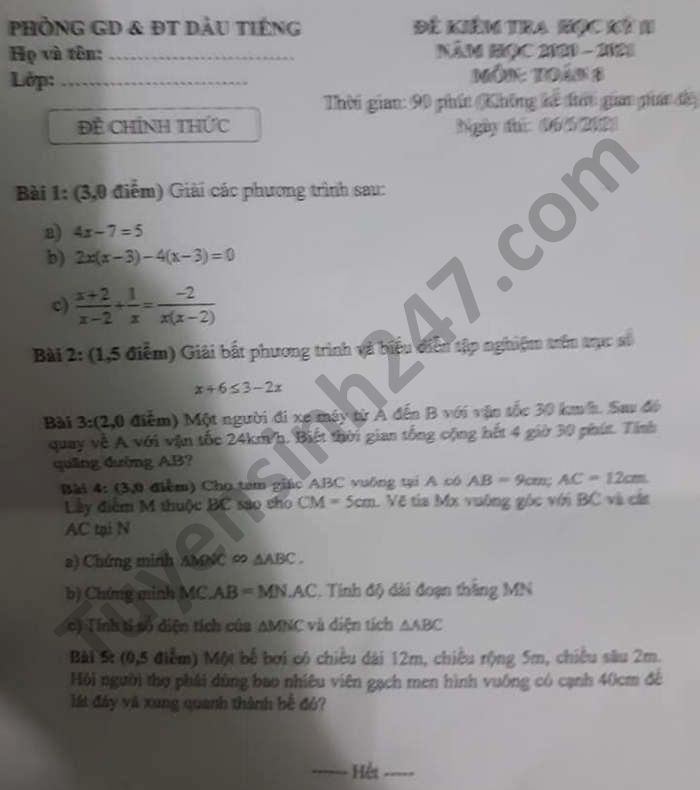 Đề thi học kì 2 năm 2021 Phòng GD Dầu Tiếng môn Toán lớp 8 