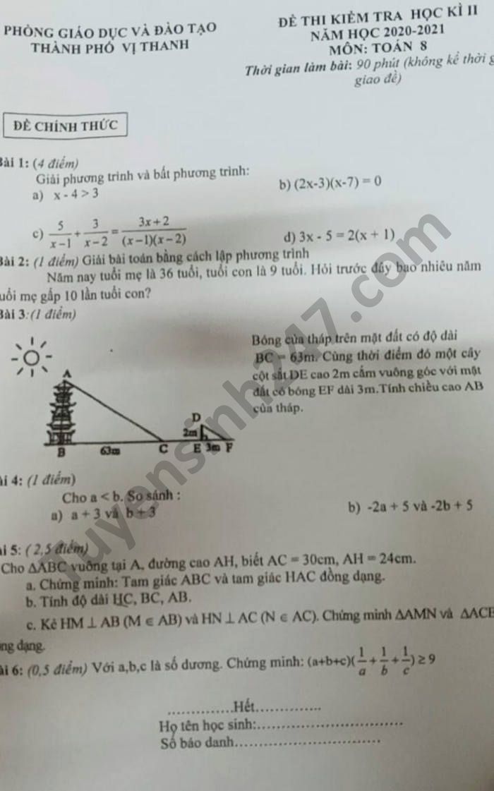 Đề thi học kì 2 môn Toán lớp 8 năm 2021 Phòng GD TP Vị Thanh