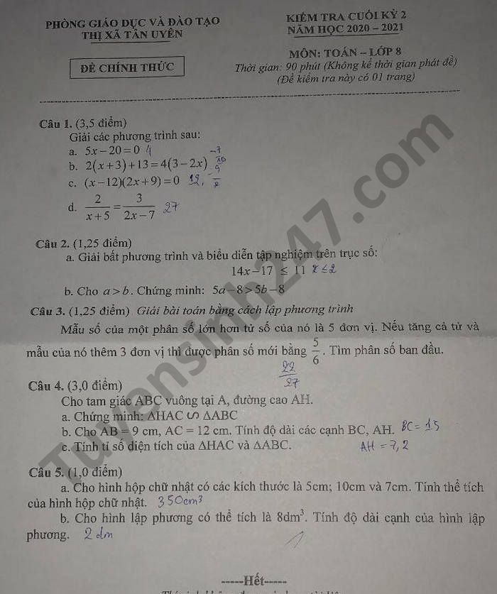 Đề thi học kì 2 Phòng GD TX Tân Uyên năm 2021 môn Toán lớp 8