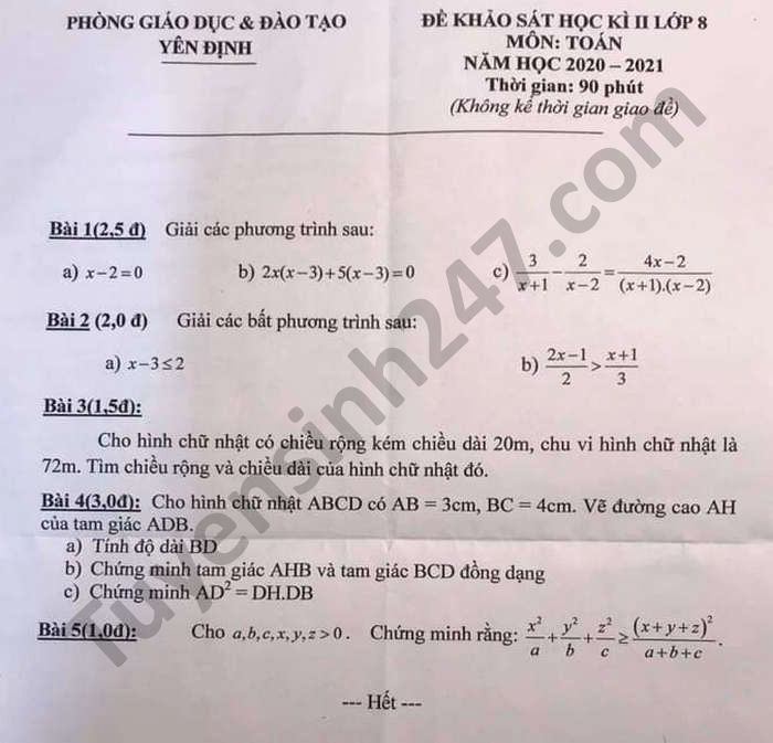 Đề thi học kì 2 Phòng GD Yên Định năm 2021 môn Toán lớp 8