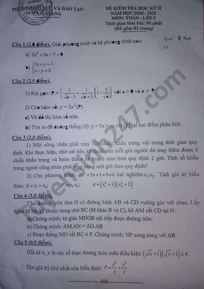 Đề thi học kì 2 năm 2021 môn Toán lớp 9 Phòng GD Cẩm Giàng 