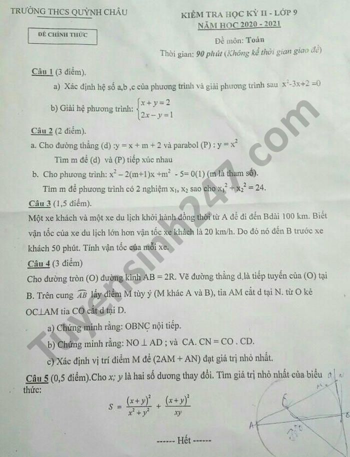 Đề thi học kì 2 THCS Quỳnh Châu môn Toán lớp 9 năm 2021 