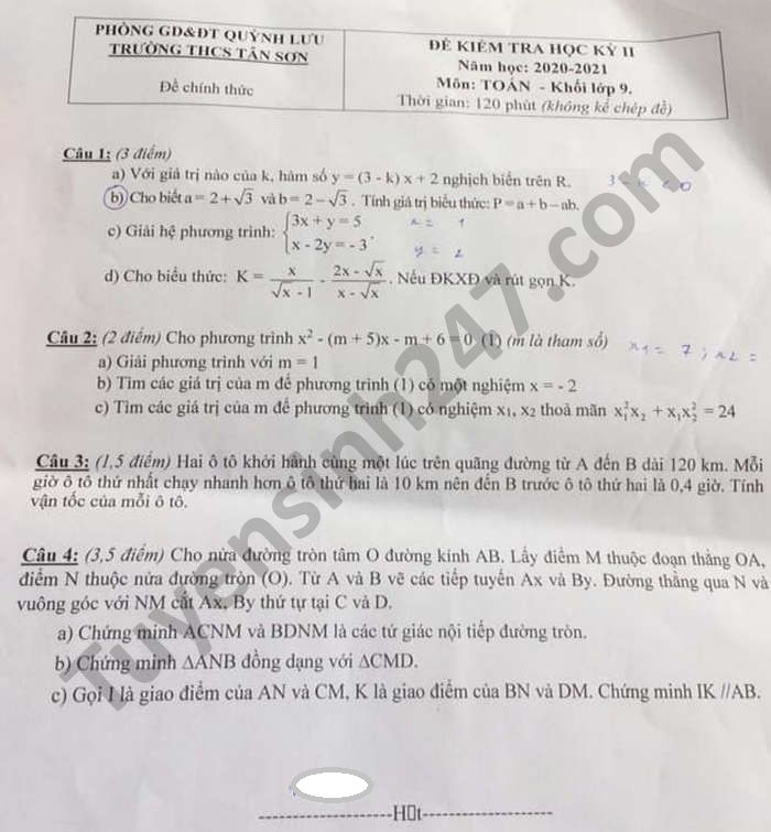 Đề thi học kì 2 môn Toán lớp 9 năm 2021 THCS Tân Sơn