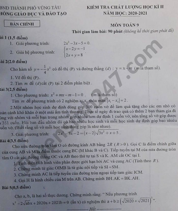 Đề thi học kì 2 môn Toán lớp 9 năm 2021 Phòng GD TP Vũng Tàu 
