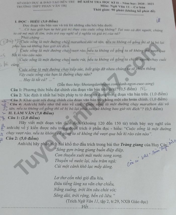 Đề thi học kì 2 môn Văn lớp 11 năm 2021 THPT Phan Văn Trị 