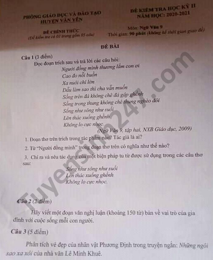 Đề thi học kì 2 huyện Văn Yên năm 2021 môn Văn lớp 9