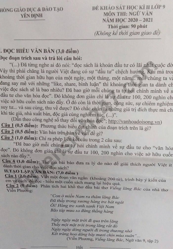 Đề thi học kì 2 Phòng GD Yên Định năm 2021 môn Văn lớp 9