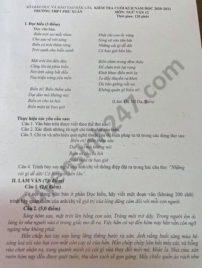 Đề thi học kì 2 năm 2021 THPT Phú Xuân môn Văn lớp 12 