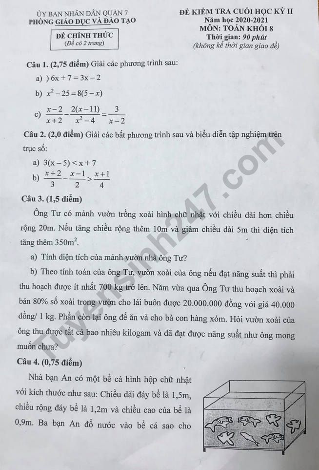 Đề thi kì 2 lớp 8 môn Toán năm 2021 - Quận 7