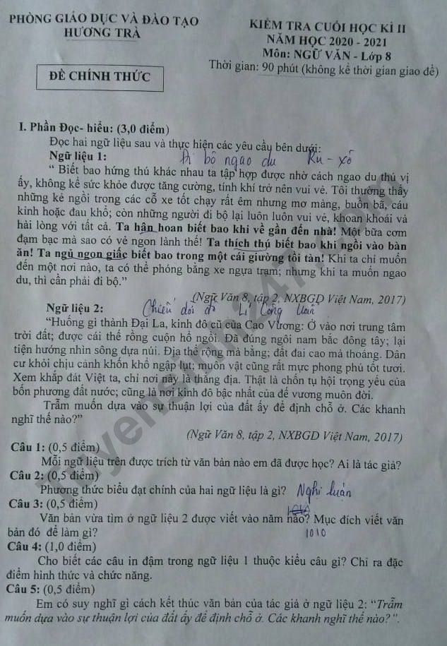 Đề thi kì 2 lớp 8 môn Văn - Phòng GD Hương Trà 2021