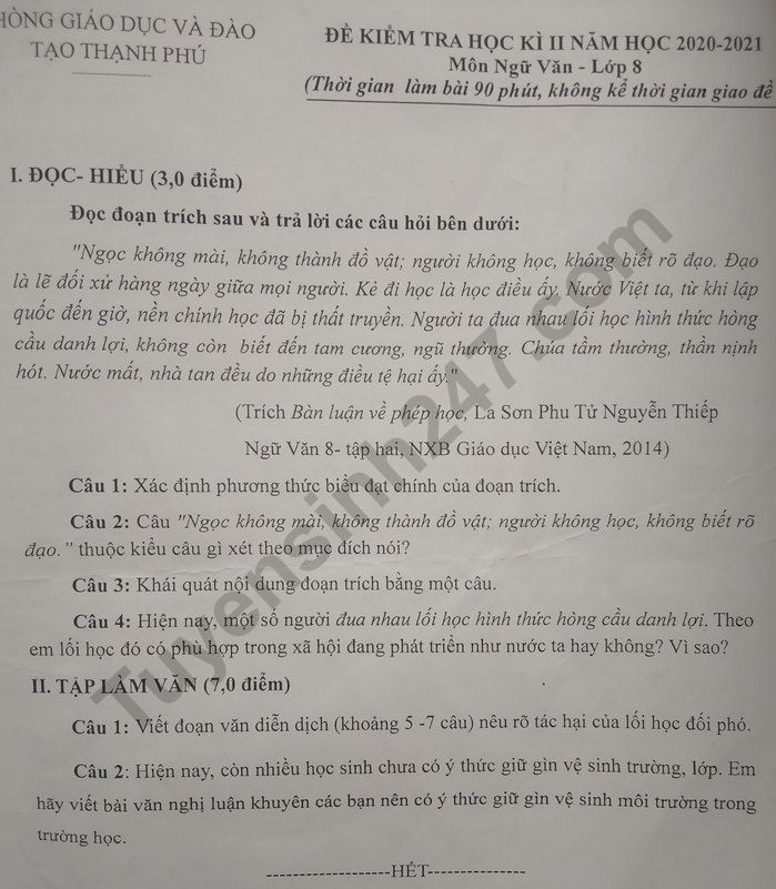 Đề thi kì 2 môn Văn lớp 8 năm 2021 - Phòng GD Thạnh Phú