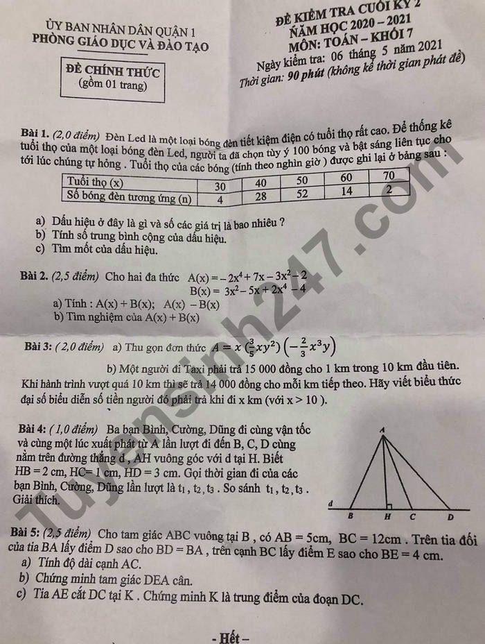 Đề thi học kì 2 năm 2021 Quận 1 lớp 7 môn Toán
