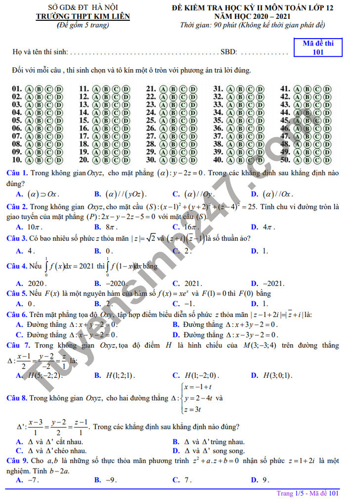 Đề thi kì 2 lớp 12 môn Toán 2021 - THPT Kim Liên (Có đáp án)