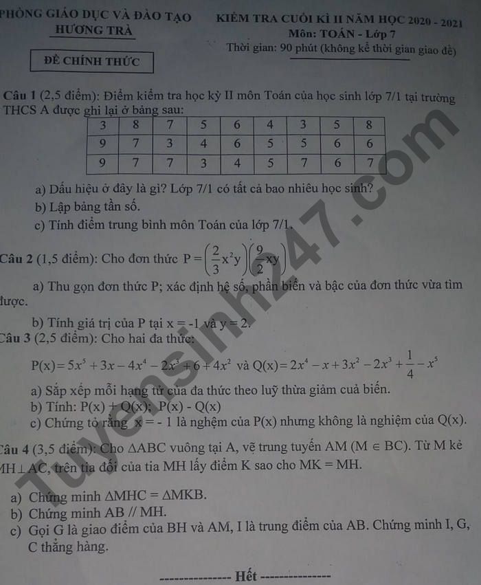 Đề thi học kì 2 môn Toán lớp 7 - Phòng GD Hương Trà 2021