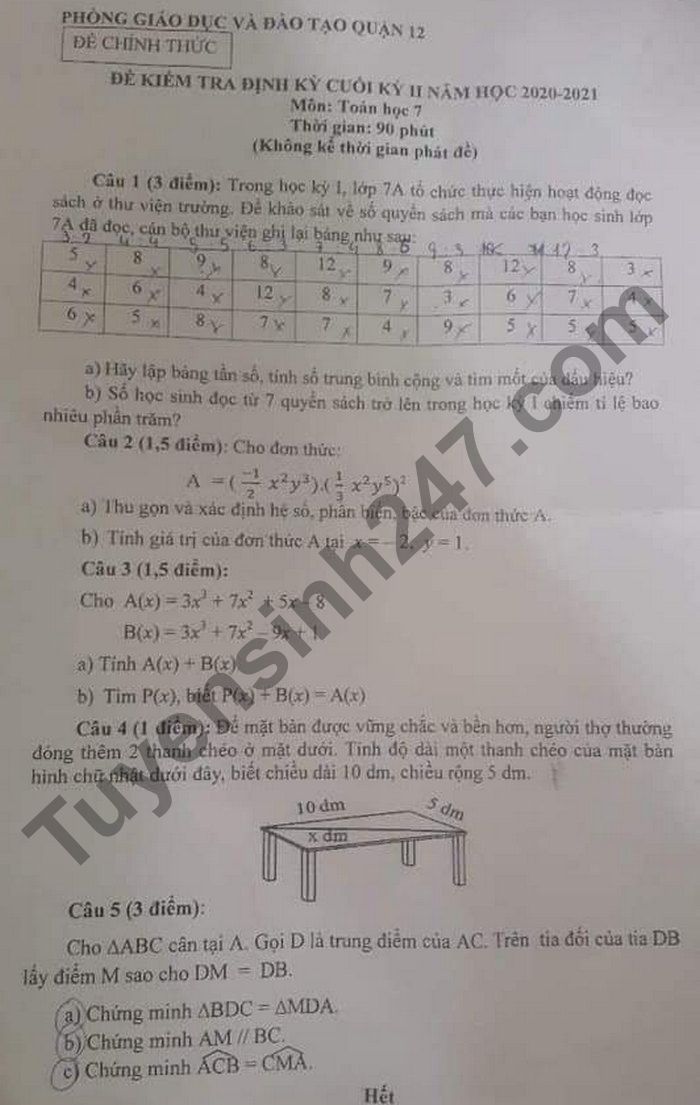 Đề thi học kì 2 lớp 7 môn Toán 2021 - Quận 12