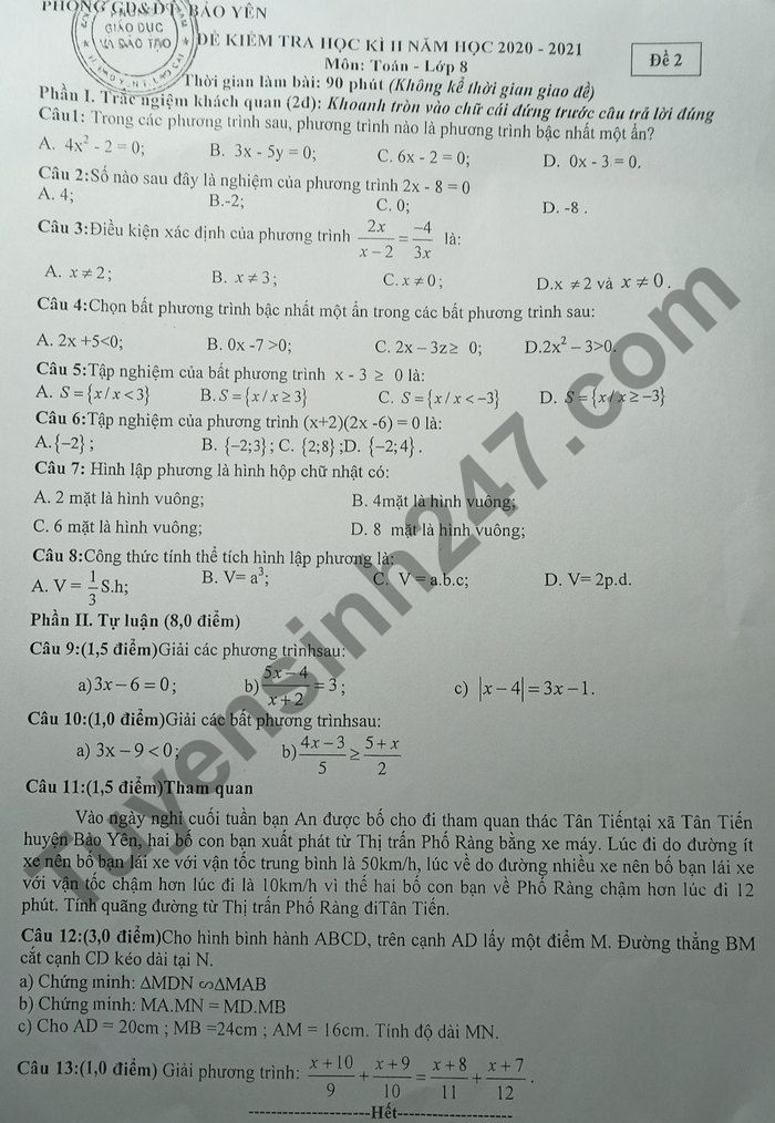 Đề thi học kì 2 môn Toán lớp 8 - Phòng GD Bảo Yên 2021