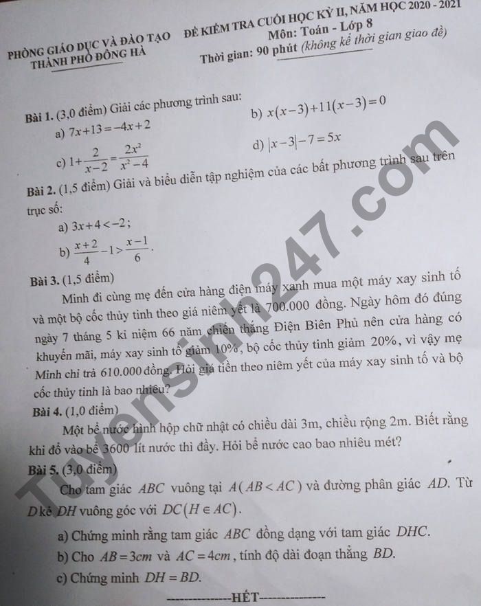 Đề thi học kì 2 môn Toán lớp 8 - TP Đông Hà 2021