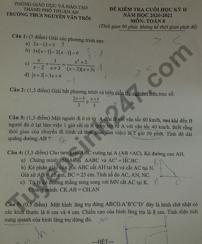 Đề thi học kì 2 môn Toán lớp 8 - THCS Nguyễn Văn Trỗi 2021