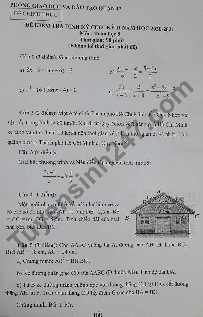 Đề thi học kì 2 năm 2021 Quận 12 lớp 8 môn Toán