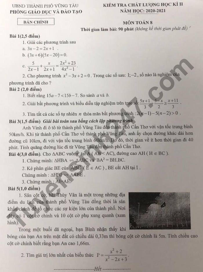 Đề thi học kì 2 lớp 8 môn Toán 2021 - TP Vũng Tàu