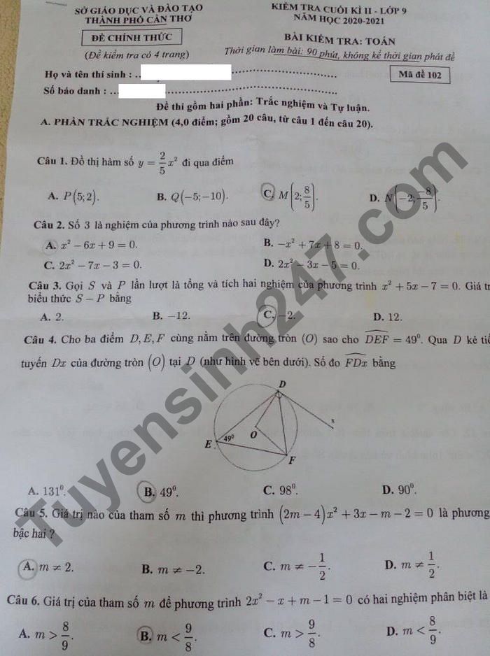 Đề thi kì 2 năm 2021 môn Toán lớp 9 - TP Cần Thơ