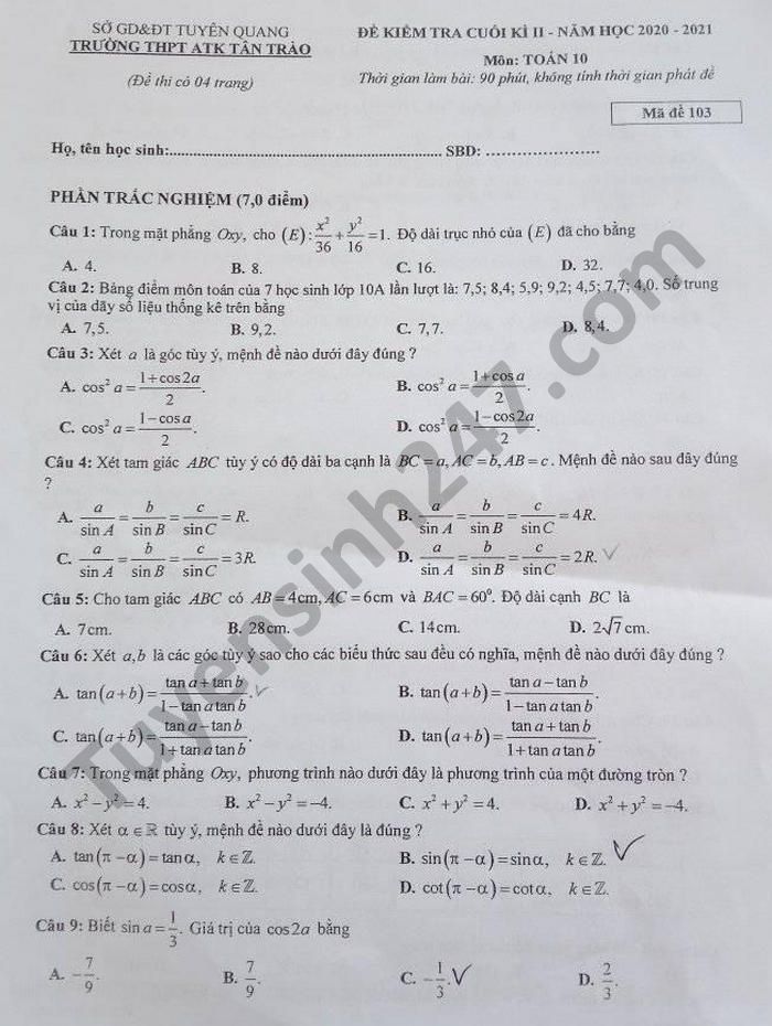 Đề thi học kì 2 năm 2021 THPT ATK Tân Trào môn Toán lớp 10