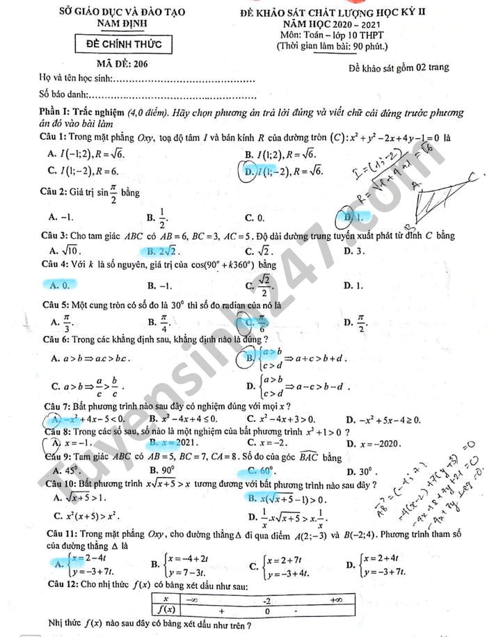 Đề thi kì 2 tỉnh Nam Định năm 2021 môn Toán lớp 10 