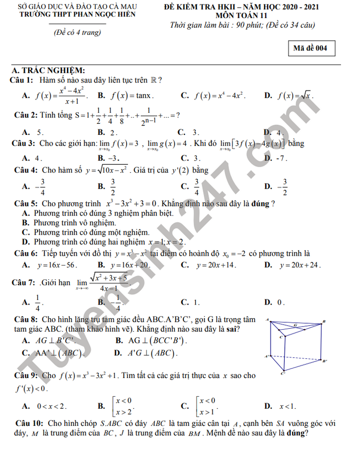 Đề thi học kì 2 năm 2021 THPT Phan Ngọc Hiển môn Toán lớp 11