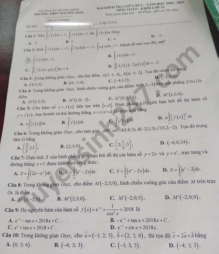 Đề thi học kì 2 môn Toán lớp 12 năm 2021 THPT Nguyễn Trãi