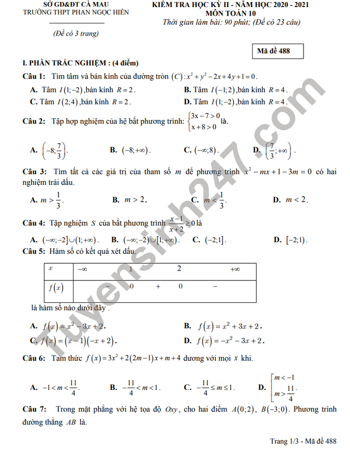 Đề thi học kì 2 môn Toán lớp 10 năm 2021 THPT Phan Ngọc Hiển