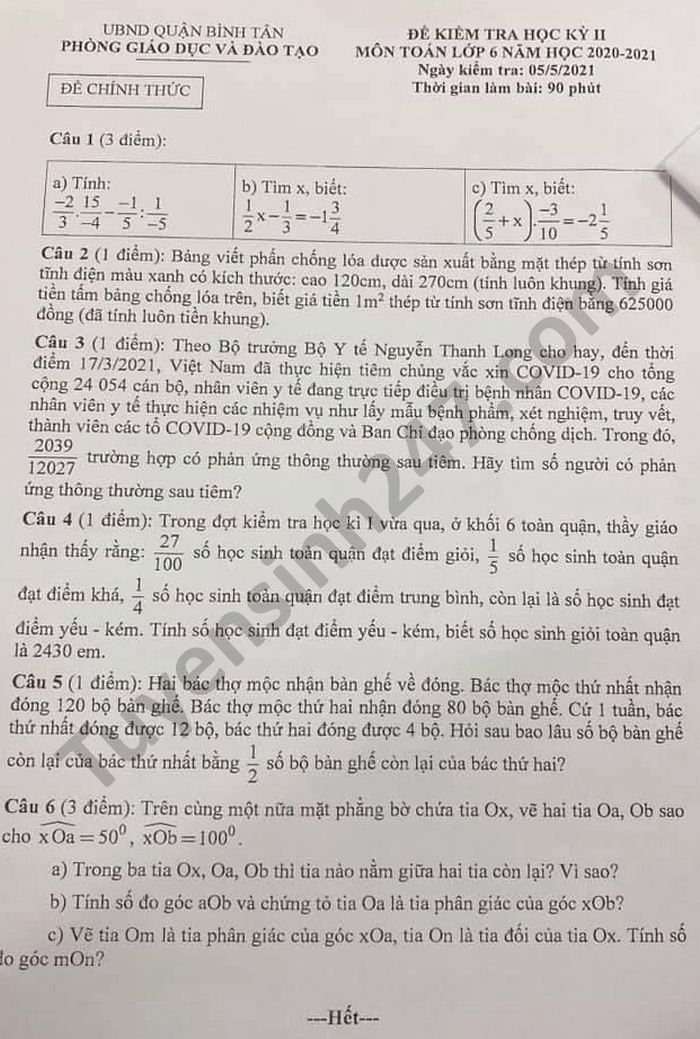 Đề thi học kì 2 Quận Bình Tân năm 2021 môn Toán lớp 6 