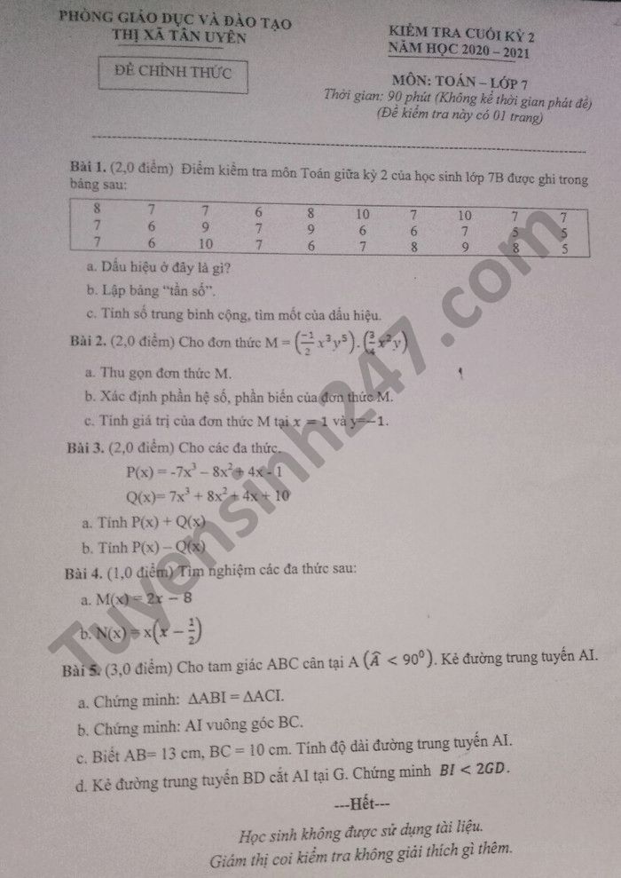 Đề thi học kì 2 Toán lớp 7 - Phòng GD TX Tân Uyên năm 2021