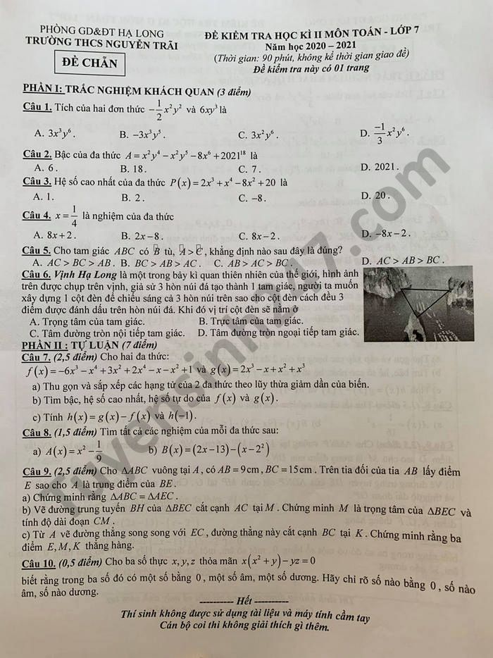 Đề thi học kì 2 môn Toán lớp 7 THCS Nguyễn Trãi năm 2021