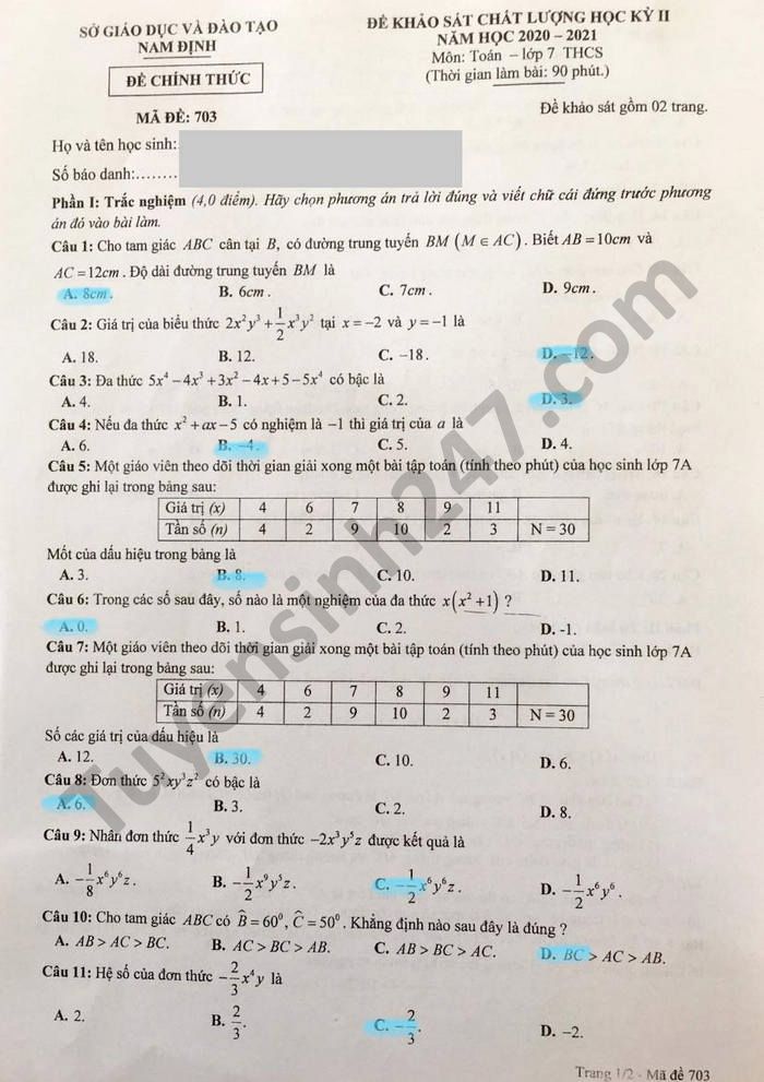 Đề thi học kì 2 môn Toán lớp 7 tỉnh Nam Định năm 2021 