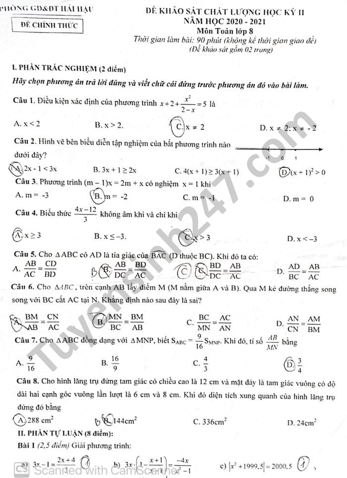 Đề thi học kì 2 môn Toán lớp 8 năm 2021 - Phòng GD Hải Hậu