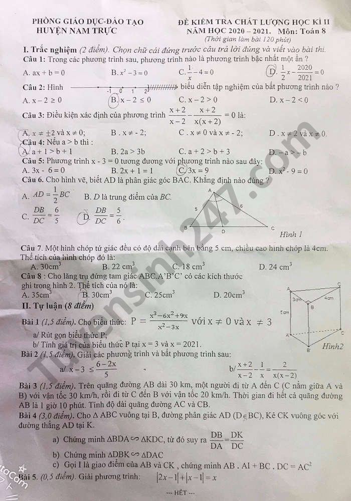 Đề thi học kì 2 năm 2021 - Phòng GD Nam Trực môn Toán lớp 8