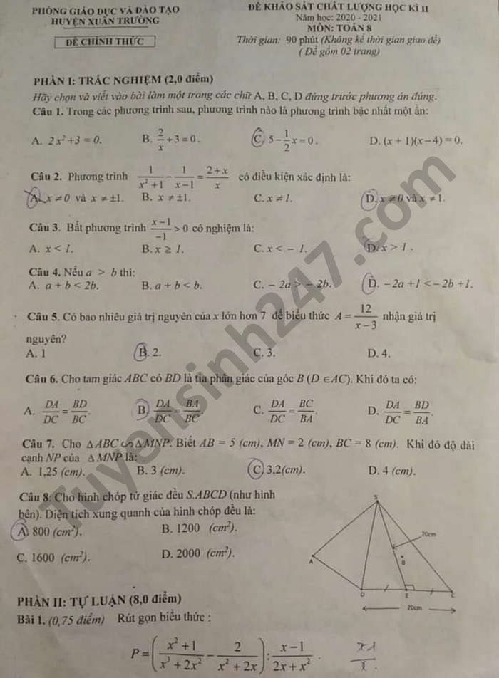 Đề thi học kì 2 năm 2021 môn Toán lớp 8 Huyện Xuân Trường