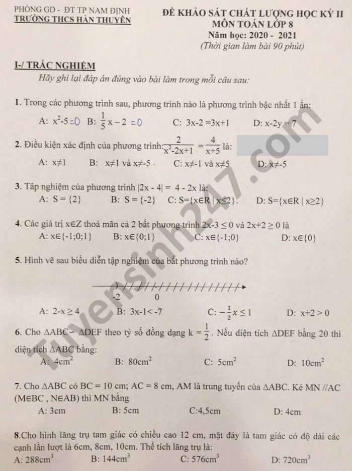 Đề thi học kì 2 năm 2021 THCS Hàn Thuyên môn Toán lớp 8