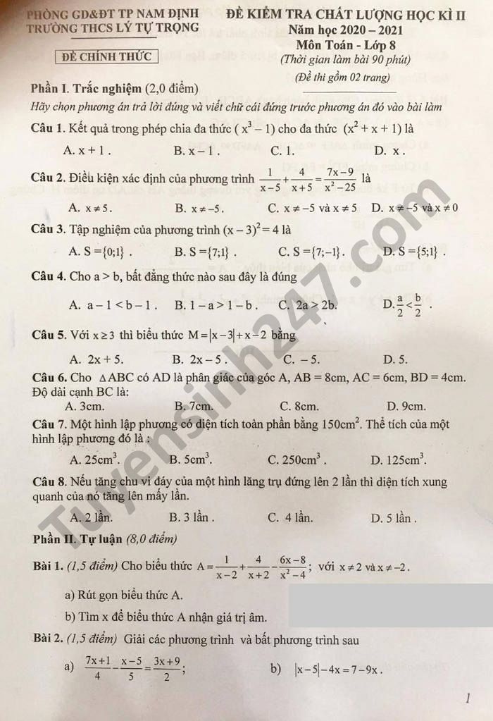 Đề thi học kì 2 năm 2021 THCS Lý Tự Trọng môn Toán lớp 8