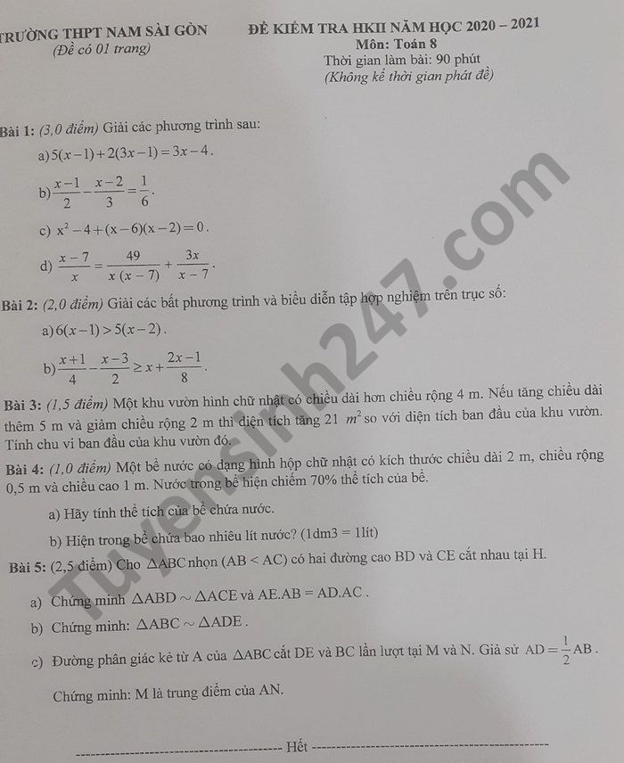 Đề thi học kì 2 năm 2021 THPT Nam Sài Gòn môn Toán lớp 8 