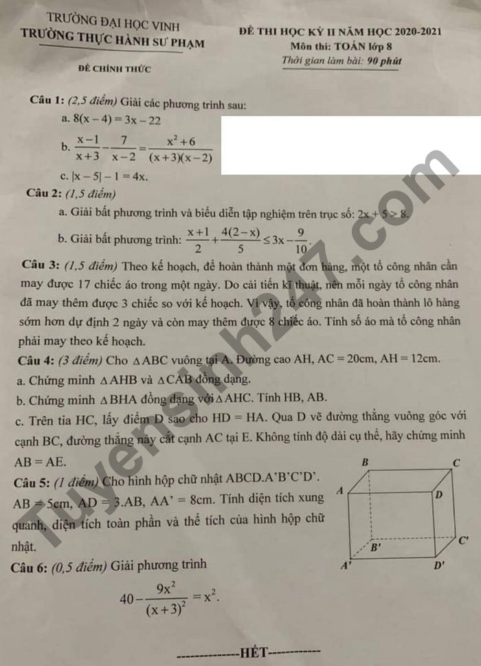 Đề thi học kì 2 Toán lớp 8 trường Thực hành Sư Phạm -ĐH Vinh năm 2021