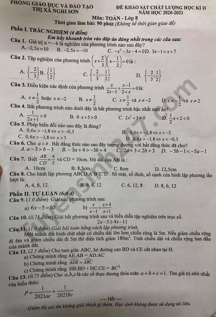 Đề thi học kì 2 môn Toán lớp 8 năm 2021 Phòng GD TX Nghi Sơn