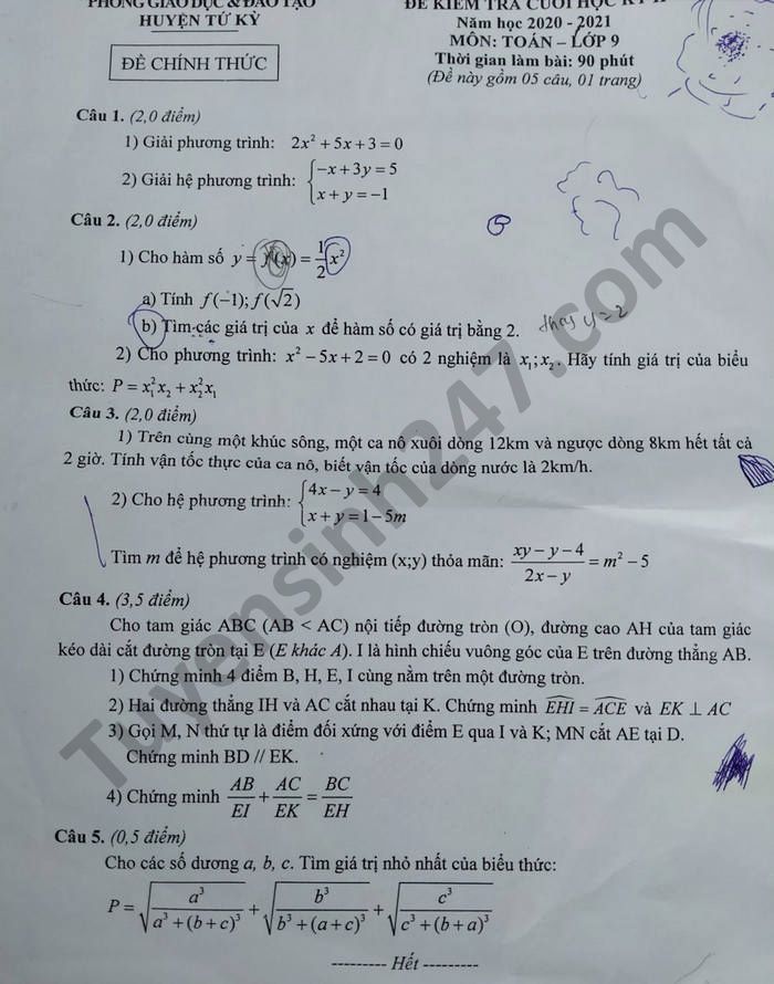 Đề thi học kì 2 năm 2021 huyện Tứ Kỳ môn Toán lớp 9